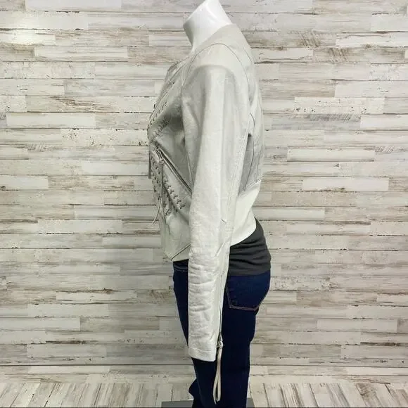 BlankNYC Moto Faux Leather Jacket Womens Size M Gray Lacing Fringe Zip Front - Picture 7 of 16